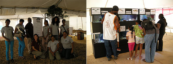 Left: Amy (centre, in the red t-shirt) and the rest of the El Socorro volunteers. Right: In the evening, when the school groups had left, the exhibits were open to the public for families to explore.
