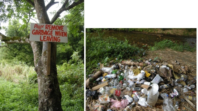Signs such as the one above are often ignored. Instead, garbage tends to be partially burned or tied up in bags that soon get ripped apart by dogs and vultures.